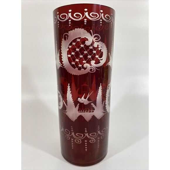 Egermann Ruby Red Cut To Clear Glass Vase Czech Bohemian Castle 40’s 10” X 4” - Picture 4 of 13